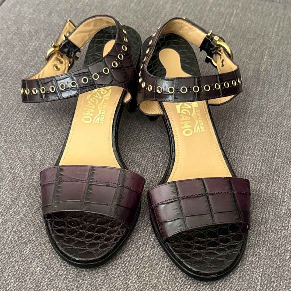 Salvatore Ferragamo Black and Purple Embossed Sandals - Picture 10 of 12